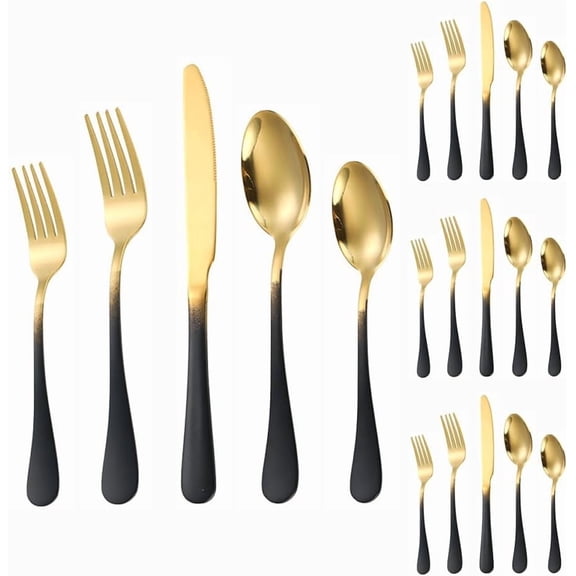 CATPAN Thickened Gradient Color Handle Kitchen Stainless Steel Silverware Tableware Flatware Cutlery Set Steak Knife Fork Spoon Teaspoon (Gradient black gold,20 pieces)