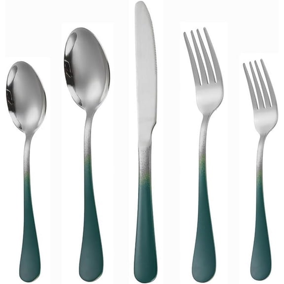 CATPAN Thickened Gradient Color Handle Kitchen Stainless Steel Silverware Tableware Flatware Cutlery Set Steak Knife Fork Spoon Teaspoon (Gradient green silver,5 pieces)