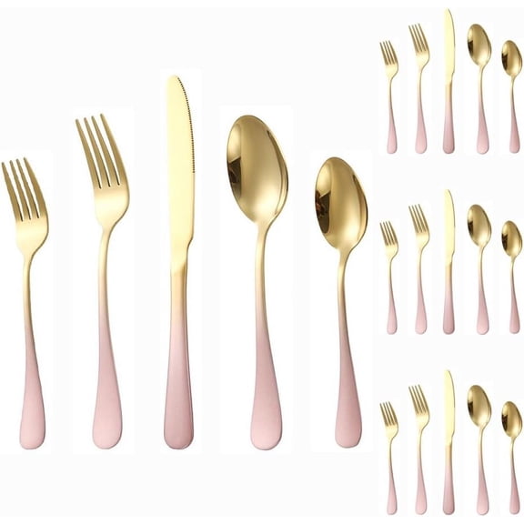 CATPAN Thickened Gradient Color Handle Kitchen Stainless Steel Silverware Tableware Flatware Cutlery Set Steak Knife Fork Spoon Teaspoon (Gradient pink gold,20 pieces)
