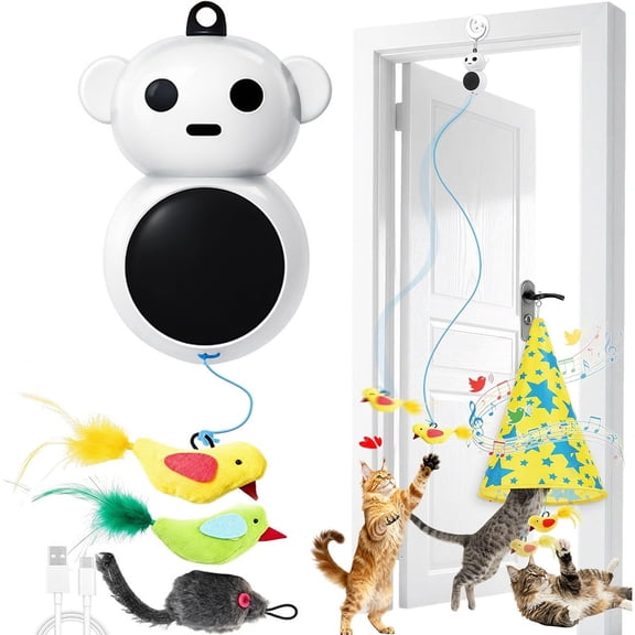 CATPICK 2-in-1 Interactive Cat Toy for Indoor Cats, Auto Hide & Seek Flying Bird Feather Wand with Continuous Chirping Sound, Rechargeable, Yellow