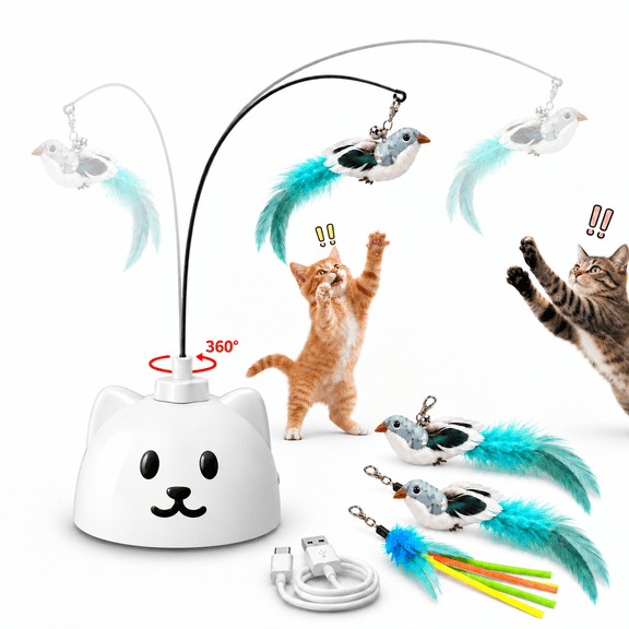 CATPICK Interactive Cat Toy for Indoor Cats, Automatic Flying Bird Feather Wand with Suction Cup, Hands-Free Play, 2 Speeds, USB Rechargeable, White