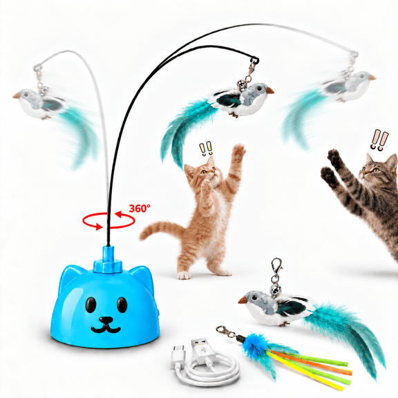 CATPICK Interactive Cat Toy for Indoor Cats, Automatic Flying Bird Feather Wand with Suction Cup, Hands-Free Play, 2 Speeds, USB Rechargeable, Blue