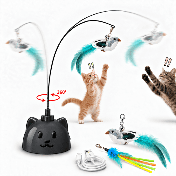 CATPICK Interactive Cat Toy for Indoor Cats, Automatic Flying Bird Feather Wand with Suction Cup, Hands-Free Play, 2 Speeds, USB Rechargeable, Black