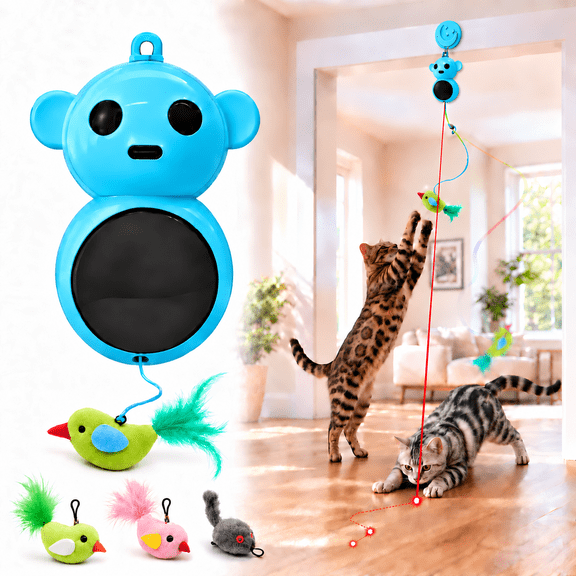 CATPICK Automatic Cat Laser Toy with Moving Feather Wand, 2-in-1 Interactive Door Hanging Kitten Toy, 2 Speeds, USB Rechargeable, Blue