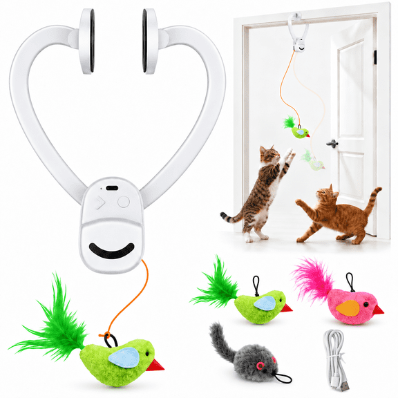 CATPICK Interactive Cat Toys Adjustable Length for Indoor Hanging Door Automatic Cat Toy - USB Rechargeable & with Bird & Mouse Attachment, White