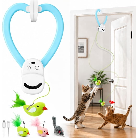 CATPICK Interactive Cat Toys for Indoor Hanging Door Automatic Cat Toy Interactive Elastic Rope - USB Rechargeable & with Flying Bird & Mouse