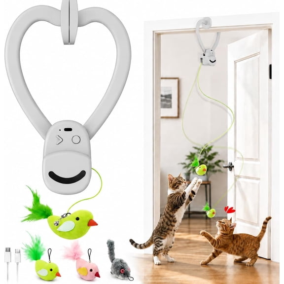 CATPICK Interactive Cat Toys for Indoor Hanging Door Automatic Cat Toy Interactive Elastic Rope - USB Rechargeable & with Flying Bird & Mouse