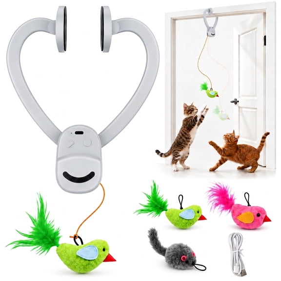 CATPICK Interactive Cat Toys Adjustable Length for Indoor Hanging Door Automatic Cat Toy - USB Rechargeable & with Bird & Mouse Attachment, Gray