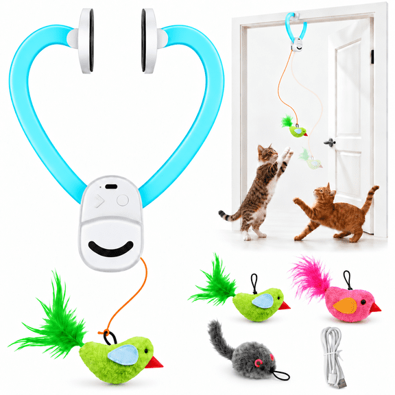 CATPICK Interactive Cat Toys Adjustable Length for Indoor Hanging Door Automatic Cat Toy - USB Rechargeable & with Bird & Mouse Attachment, Blue