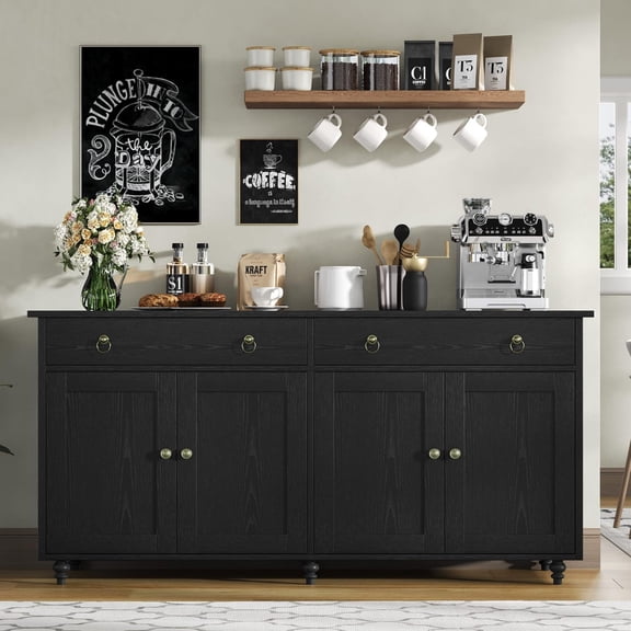 CATRIMOWN Sideboard Buffet Cabinet with Storage, 55" Modern Kitchen Cabinet with 4 Doors, 2 Drawers and 2 Adjustable Shelves, Coffee Bar Cabinet, Black
