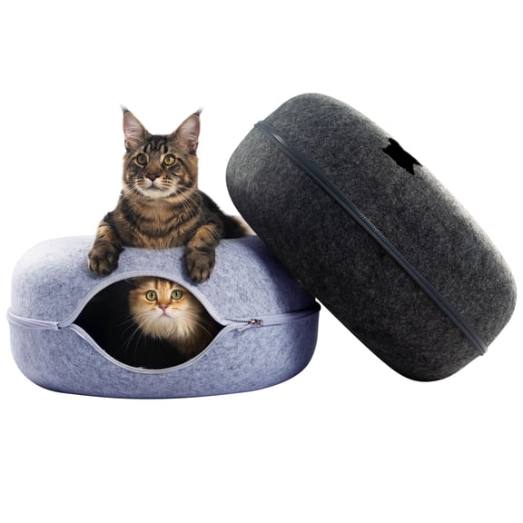 Cattasaurus Kitten Play Tunnel Bed, Donut Design, Large, Light Gray and Dark Gray