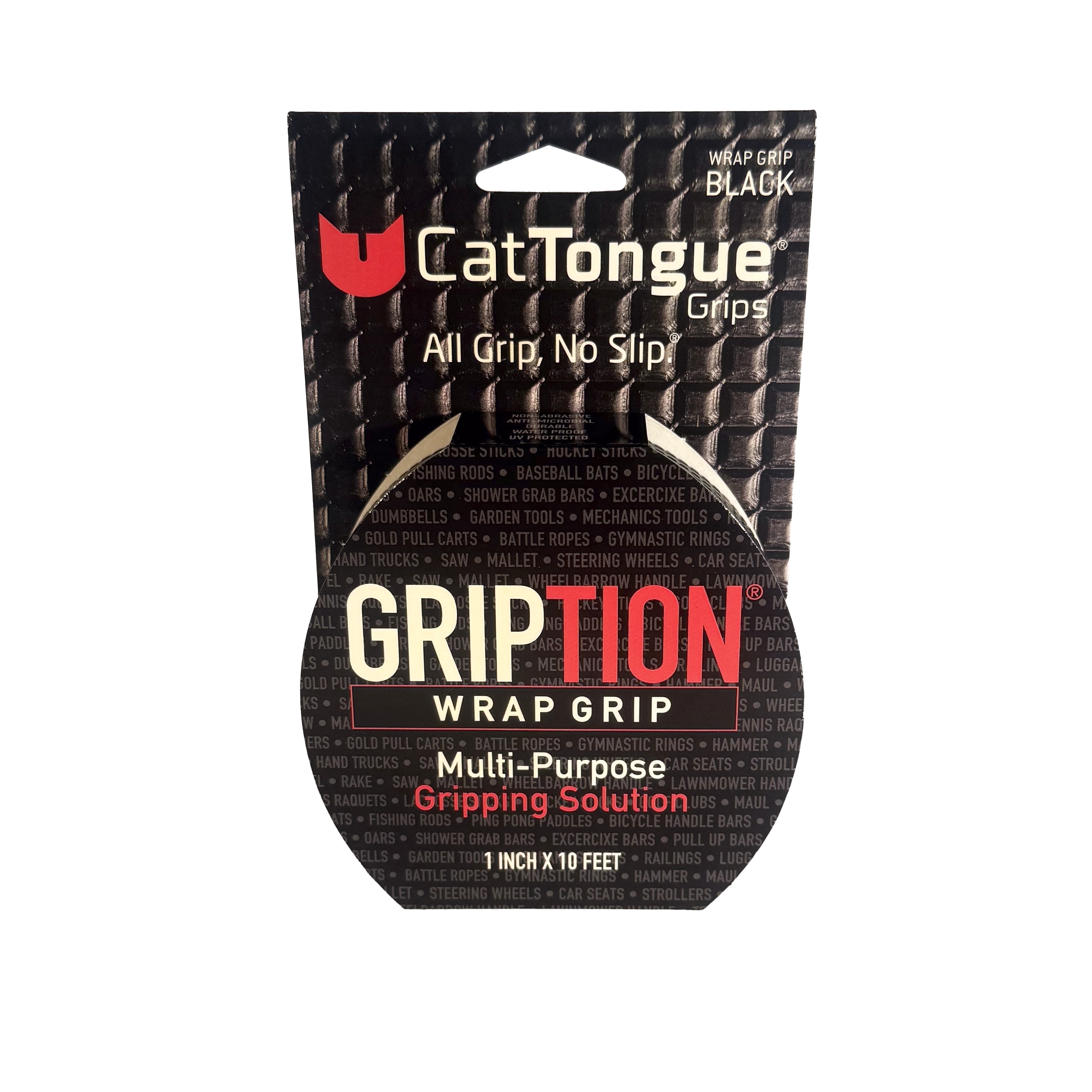 CATTONGUE GRIPS Non-Abrasive Grip Tape Wrap - 1” Thick Heavy-Duty, Waterproof Anti-Slip Tape for Wrapping Tools, Bats, Gym Equipment - Indoor & Outdoor Anti-Slip Solution (Black, 10ft)