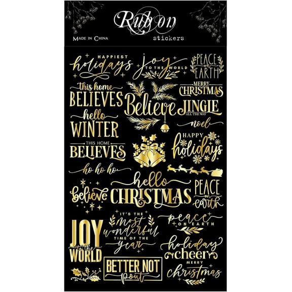 CATaireen Merry Christmas Quotes Gold Foil Rub On Transfer Stickers Holiday Words Theme Decals for DIY Scrapbooking Greeting Cards Making Crafts (Golden A)