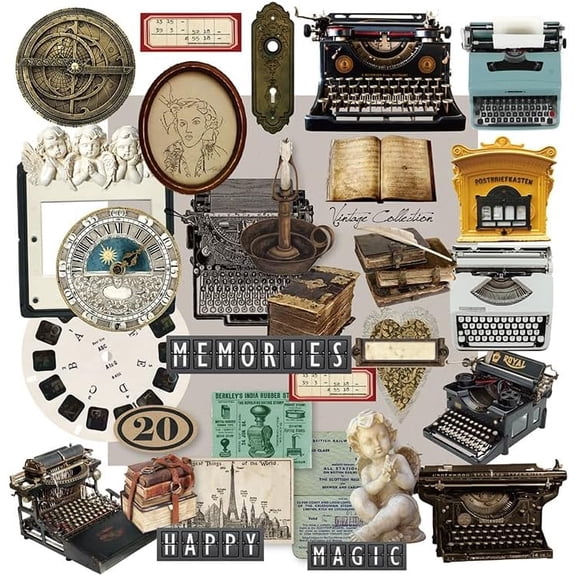 CATaireen Vintage Junk Journal Items Kit Pre Cut Paper Cards Cutout Cardstock Art Aesthetic Decor Hollow Out Craft Elements Small Embellishments Supplies for Adults Scrapbook Pack (Typewriter)