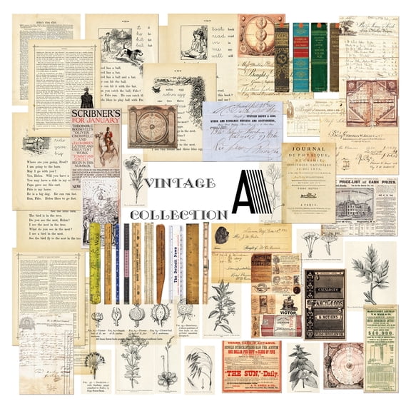 CATaireen Vintage Junk-Journal Mixed Paper Scrapbooking Embellishments Set Retro Journaling Decoupage Stickers Textured Packaging Decorative Cards Tags Kit