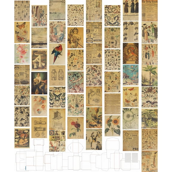 CATaireen Vintage Kraft Paper Wall Room Aesthetic Decor Posters 54pcs Collage Kit Scrapbook Background Picture Sets Art Junk Journal Ephemera Decoupage Items 16pcs Envelope Pattern Template Stickers