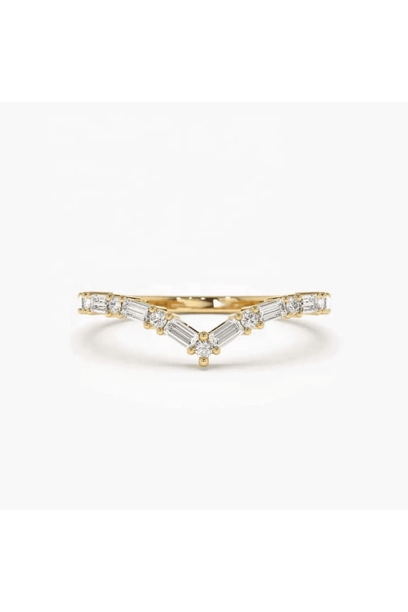 14K Yellow Gold Plated Baguette & Round Moissanite Chevron Band Ring for Women – Elegant Statement Jewelry Gift with Certificate & Lifetime Warranty