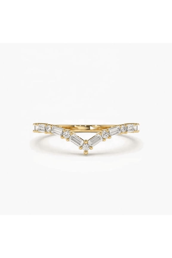 14K Yellow Gold Plated Baguette & Round Moissanite Chevron Band Ring for Women – Elegant Statement Jewelry Gift with Certificate & Lifetime Warranty