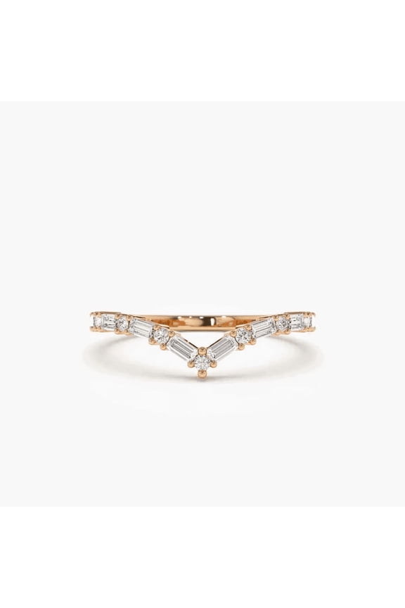 18K Rose Gold Plated Baguette & Round Moissanite Chevron Band Ring for Women – Elegant Statement Jewelry Gift with Certificate & Lifetime Warranty