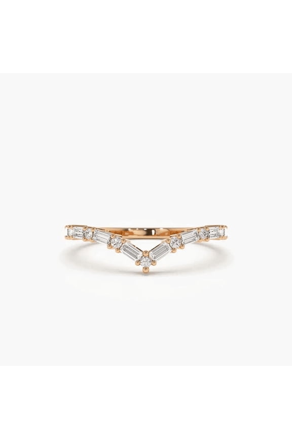 18K Rose Gold Plated Baguette & Round Moissanite Chevron Band Ring for Women – Elegant Statement Jewelry Gift with Certificate & Lifetime Warranty