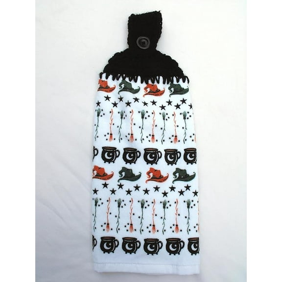 CAULDRON - WITCHES HAT & BROOM - HALLOWEEN DOUBLE THICK CROCHET TOP KITCHEN TOWEL