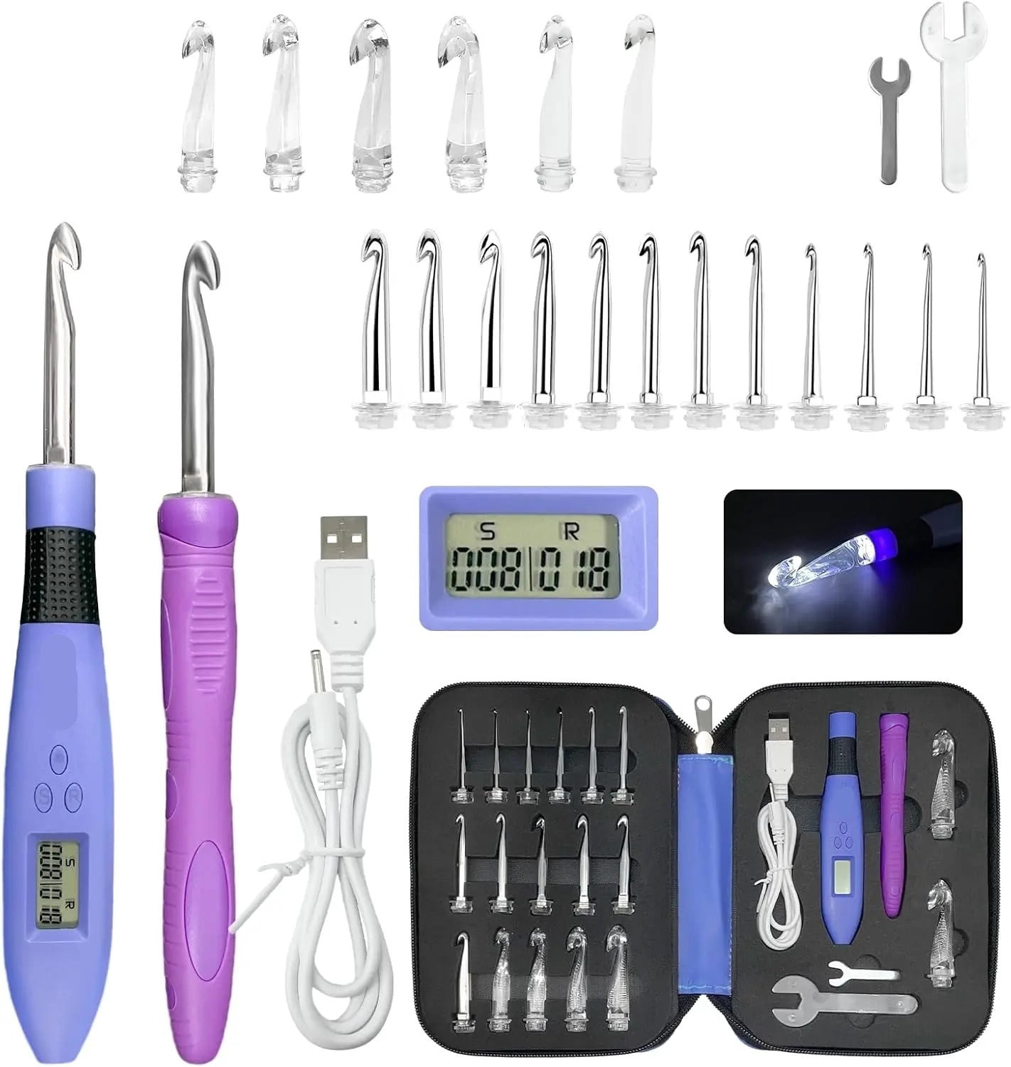 CAURHQSX 22PCS Lighted Crochet Hook Set with Counter Ergonomic Knitting Needles Interchangeable Metal and Heads DIY Tool for Crocheters