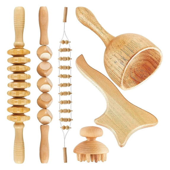 CAURHQSX 6 In 1 Wood Therapy Massage Tool Lymphatic Drainage Massager Anti Cellulite Fascia Massage Roller for Full Body Muscle relaxatio