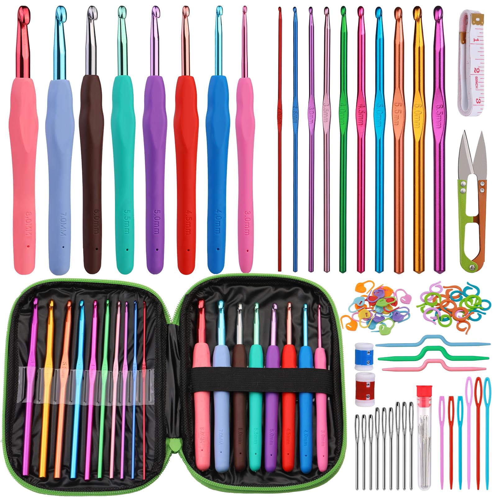CAURHQSX Fenrry Crochet Hook Set Crochet Needle Kit Beginner Yarn Needles Green Case and Crochet Accessories for Knitting Craft