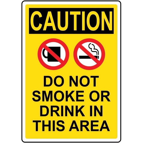 CAUTION Do Not Smoke Or Drink In This Area Metal Tin Sign 8x12 Inch With Symbol Style Caution Notice for Inrial Warehouse Factory Commercial Kitchen Office Building Indoor Outdoor Wall Mount Display