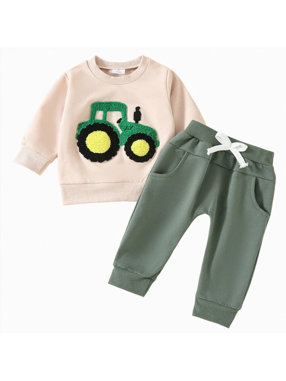 0 3 6 9 12 Months Infant Boys Fall Winter Clothes 2T 3T 4T 5T Preemie Long Sleeved Sweatshirt Pants Two Piece Casual Set Newborn Coming Home Outfit Beige for Sizes 18-24 Months