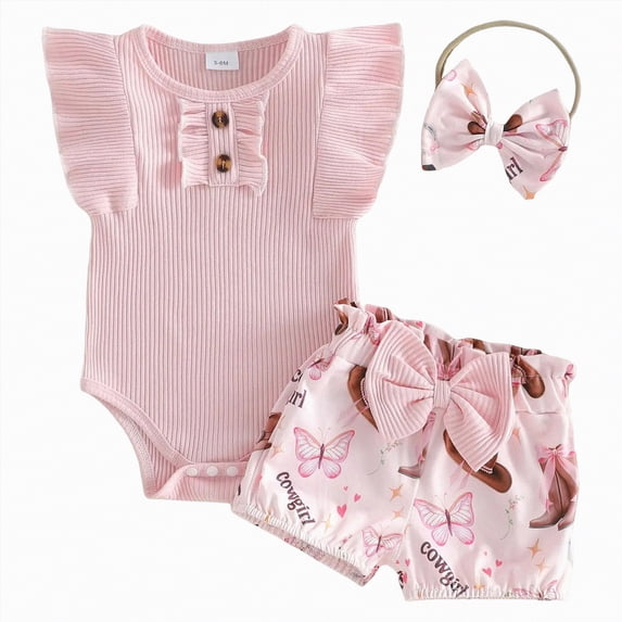 CAUYDY 0-3Months Baby Girl Clothes Infant Newborn Girls Summer Outfits 6-9Months 12-18Months Baby Clothing Romper Shorts Set with Headband 3PCS Set (Sizes 3-6 Months,L4-Pink)