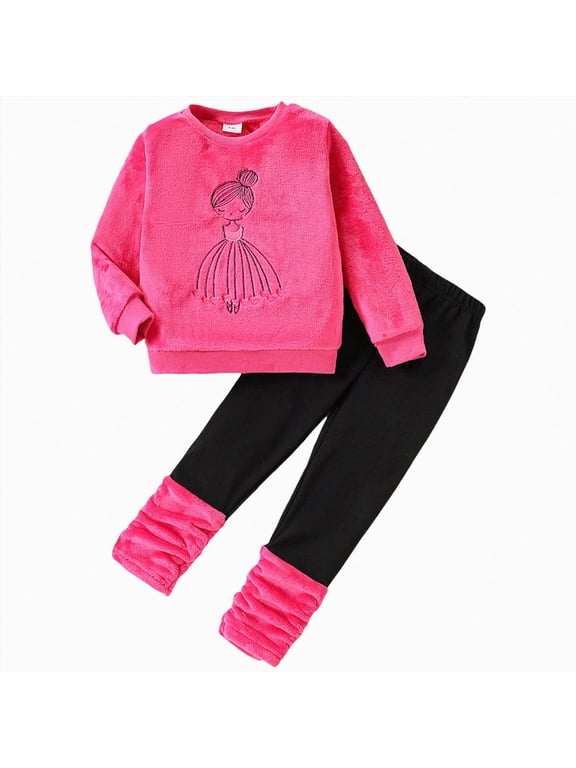 1T 2T 3T 4T 5T 6T 7T Children Girl Fall Winter Clothes Baby Long Sleeve Shirt Pants 2Pcs Matching Sets Child Outfits Sizes 5-6 Years,Hot Pink