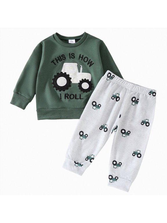 3 6 9 12 18 Months 1-5T Child Boy Outfits Baby Long Sleeve Top and Elastic Waist Pants Two Piece Clothing Set Fall Winter Gift for Preemie Green for Sizes 6-12 Months