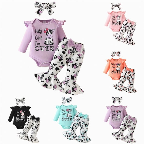 CAUYDY 3 6 9 12 18 Months Baby Girls Cow Outfit Toddler Girl Long Sleeve Romper Pants Headband 3PCS Cute Clothing Set Fall Winter Purple Sizes 6-9 Months