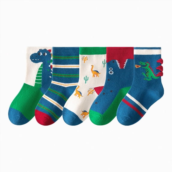 CAUYDY 3T 4T 5T Baby Boys Floor Socks 5PC Set Toddler Cute Cartoon Print Crew Socks for Fall Winter Spring Sizes 3-5 Years