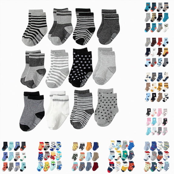 CAUYDY 5 6 7 Years Kids Boys Cute Socks Set 12PC Children Grip Crew Socks Spring Summer Fall Winter Sizes 5-7 Years