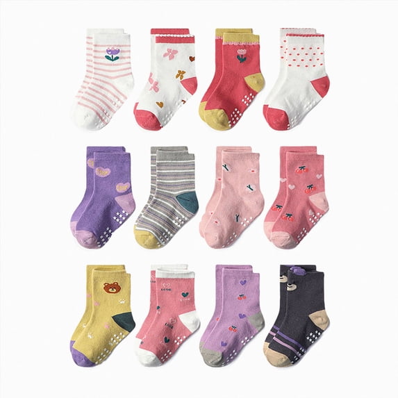 CAUYDY 5Y 6Y 7Y Girls Socks Set 12PC Kids Non-Slip Floor Socks Mid Cut for Fall Winter Spring Summer Sizes 5-7 Years