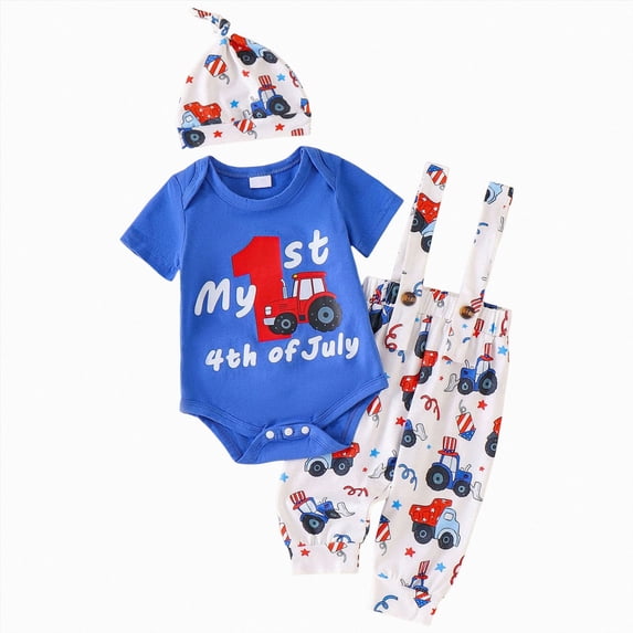 CAUYDY Baby Boys Independence Day Outfits 4Th Of July Infant Short Sleeve Romper + Pants + Hat 3Pcs Boy 3M 6M 9M 12M 18M Clothes Set (Sizes 0-3 Months,Blue)