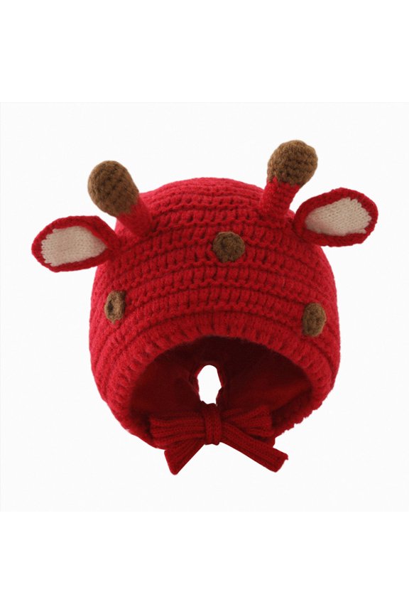 Baby Giraffe Knitted Earflap Hat, Lined Soft Warm Crochet Beanie with Chin Tie, Cute Animal Newborn Toddler Windproof Winter Hat for Infant Boys Girls(L101-Red,3-24 M)