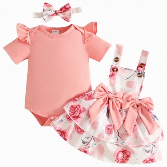 CAUYDY Baby Girl Summer Outfits for Toddler Fly Sleeve Romper & Cute Print Overall Dress & Headband 3PCS Clothes Set for Newborn Infant Girls 12-24 Months (Sizes 0-3 Months,H3-Pink)
