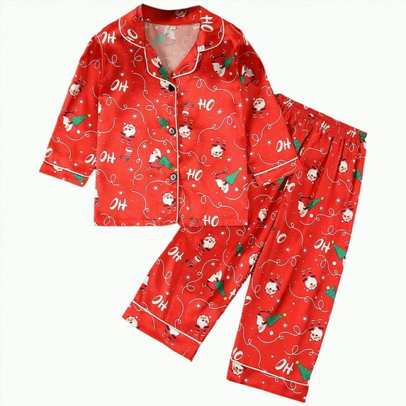 CAUYDY Baby Girls Boys Silk Christmas Pajamas Set Santa Claus Long Sleeve Button Down Shirts and Pants Xmas Satin Pj Sets(Brick Red,18-24 M)