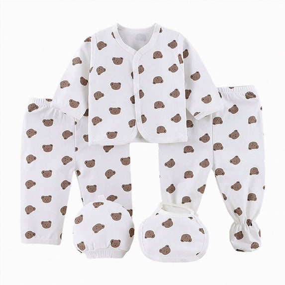 CAUYDY Baby Girls Coming Home Outfits Infant Boys Pajamas Preemie Layette Long Sleeve Shirt Warm Hat 2Pants Bib 5Pcs Cotton Set for Newborn Fall Winter Sizes 0-3 Months,Brown