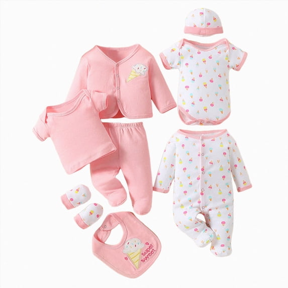 CAUYDY Baby Girls Going Home Outfits Preemie Boys Layette Set 8 Pieces Fall Soft Clothing Infant Sleepers Picture Outfit for Unisex Newborn Sizes 0-3 Months,Pink