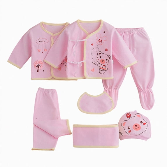 CAUYDY Baby Girls Photoshoot Outfits Preemie Boys Fall Clothing Newborn Layette 2 Long Sleeved Shirt + 2 Pants + Hat + Bib + Bellyband 7 Pieces Soft Set Sizes 0-3 Months,Pink