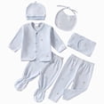 thumbnail image 1 of CAUYDY Baby Going Home Outfits for Girl Boy Newborn Pajamas Fall Preemie Layette Long Sleeved Shirt Warm Hat 2Pants Bib 5 Pieces Soft Set for Infant Sizes 0-3 Months,Blue, 1 of 6
