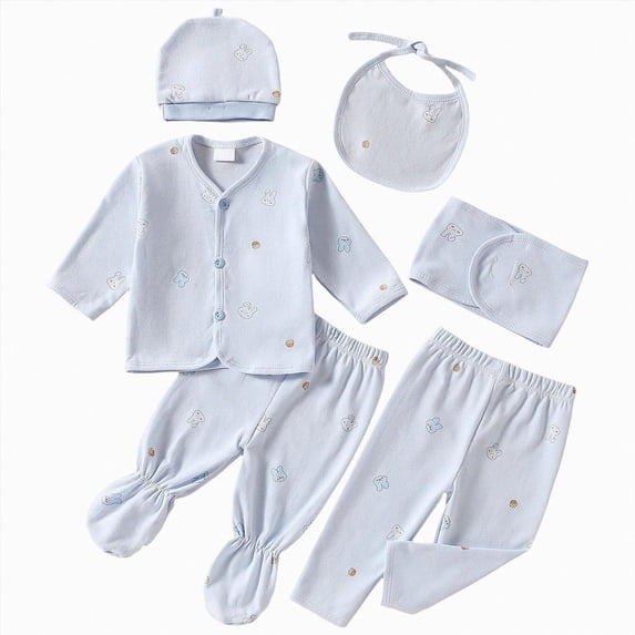 CAUYDY Baby Going Home Outfits for Girl Boy Newborn Pajamas Fall Preemie Layette Long Sleeved Shirt Warm Hat 2Pants Bib 5 Pieces Soft Set for Infant Sizes 0-3 Months,Blue