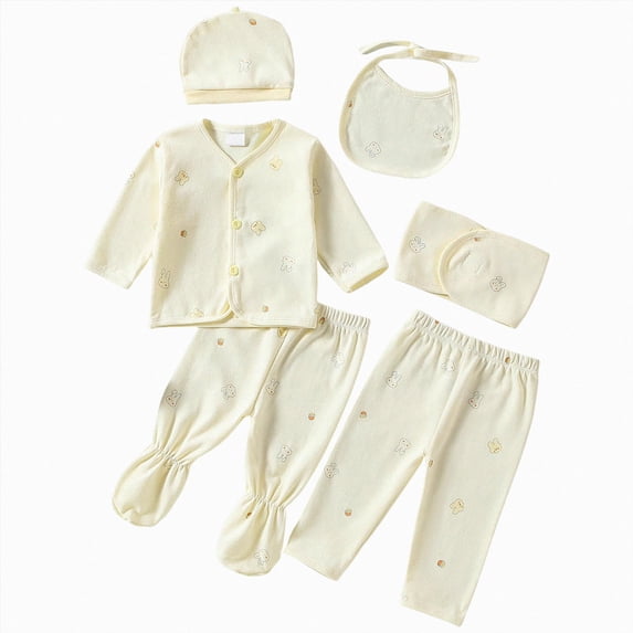 CAUYDY Baby Going Home Outfits for Girl Boy Newborn Pajamas Fall Preemie Layette Long Sleeved Shirt Warm Hat 2Pants Bib 5 Pieces Soft Set for Infant Sizes 0-3 Months,Yellow