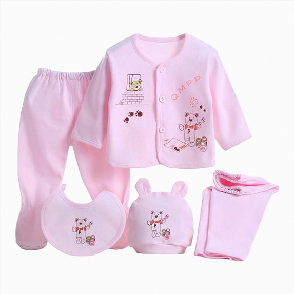 CAUYDY Baby Going Home Outfits for Girl Boy Newborn Sleepers Preemie Layette Long Sleeved Shirt Warm Hat 2Pants Bib 5 Pieces Soft Set for Unisex Infant Fall Sizes 0-3 Months,Pink