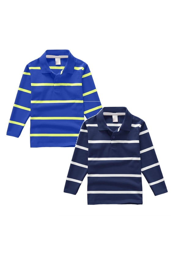 Back to School Kids Striped Long Sleeve Polo Shirts, Soft Cotton Blend Collared Uniform Tops for Boys Girls Casual School Wear Fall Winter 2Pcs(Blue & Navy ,12-14 Y)