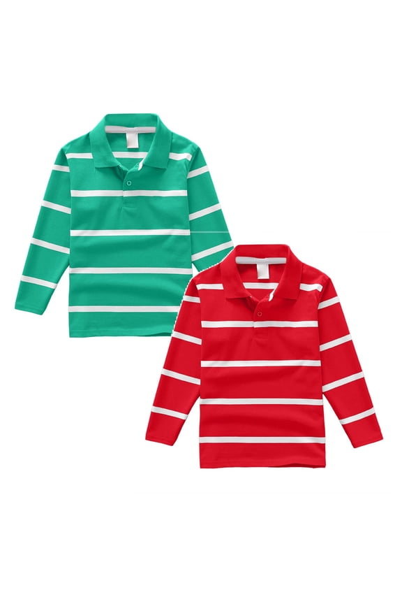 Back to School Kids Striped Long Sleeve Polo Shirts, Soft Cotton Blend Collared Uniform Tops for Boys Girls Casual School Wear Fall Winter 2Pcs(Red & Green ,11-12 Y)
